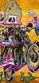 Cartoon skeleton on a motorcycle with a yellow background.