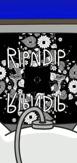 RIPNDIP wallpaper with monochrome floral design on a black background.