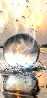 Crystal ball with water splash and sun reflection.