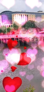 Riverfront view with red hearts overlaying the scene, perfect for a unique phone wallpaper.