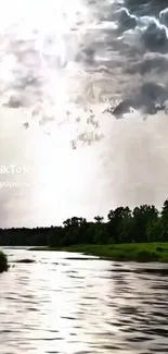 Stormy river with dramatic gray sky.