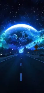 Surreal cosmic night wallpaper with road and blue planet.