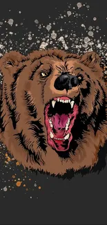 Roaring brown bear with artistic splatter design on a dark background.