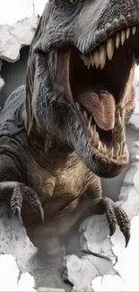 3D dinosaur bursting through a wall with fierce expression.
