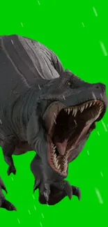 Roaring dinosaur with open mouth on bright green background.