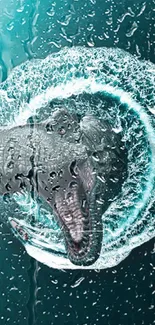 Ferocious dinosaur head with water splash effect on mobile wallpaper.