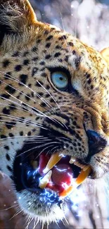 Close-up of a roaring leopard with striking blue eyes in nature.