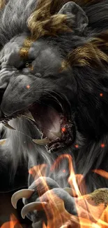 Fierce roaring lion with open jaws in detailed mobile wallpaper.