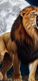 Illustration of a roaring lion in front of a full moon at night.