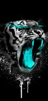 Roaring tiger with neon blue accents on a black background wallpaper.