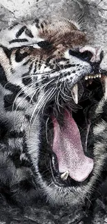 Artistic roaring tiger with grey and black abstract splashes.