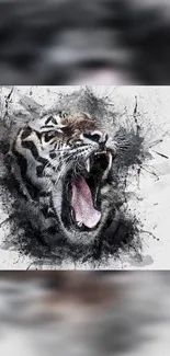 Roaring artistic tiger in dynamic grayscale.