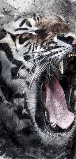 Artistic roaring tiger with dynamic splashes in black and grey tones.