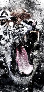 Roaring tiger with dynamic black watercolor effect.