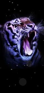 Roaring neon tiger against black background.