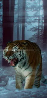 Roaring tiger in a misty, enchanted forest scene.