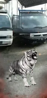 Roaring white tiger near parked vans in urban setting.