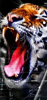 Roaring tiger bursting through smartphone screen.