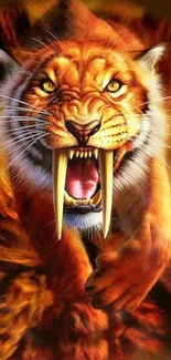 Fierce roaring tiger illustration with vibrant orange hues and piercing eyes.