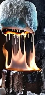 A marshmallow roasting over intense flames, with smoke.