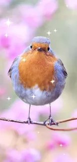 Robin perched among vivid pink blossoms.