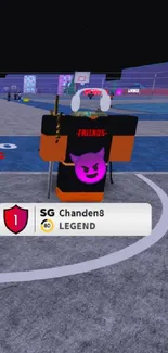 Roblox basketball legends on virtual court with colorful avatars.