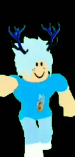 Roblox character with blue theme and antlers on a black background.