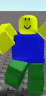 Bright Roblox character in yellow, blue outfit on a gray background.