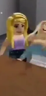 Two animated Roblox characters at a table.