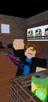 Roblox game room with characters and brick walls.