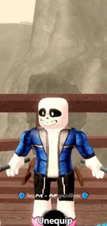 Roblox skeleton warrior in blue jacket by wooden fence.