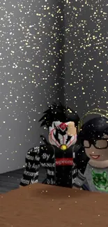 Roblox characters with sparkle effect in a room setting.