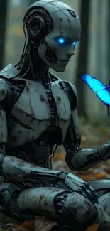 Humanoid robot sitting with a blue butterfly.