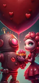 Cute robot and girl with heart balloon in vibrant colors.