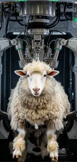 Sheep integrated in futuristic robotic machinery