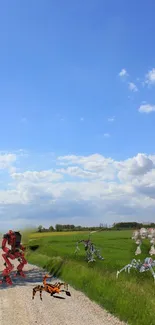 Robots clash in a country landscape under a blue sky with green fields.