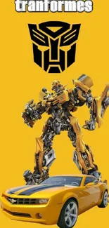 Transformers robot standing on a car with a yellow background