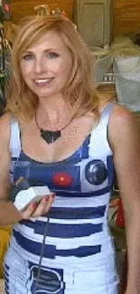 A woman in a robot-themed dress standing indoors.