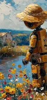 A peaceful robot admires blooming flowers.