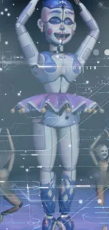 Robotic ballerina with digital elements on a futuristic background.