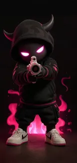 Futuristic hooded figure with glowing pink eyes and gun in digital art.