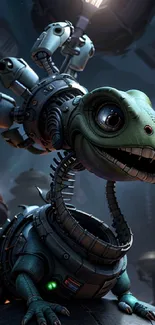 Robotic dinosaur in futuristic setting with dark blue background.