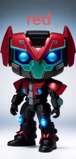 Robotic figure with red and black armor and glowing blue accents.