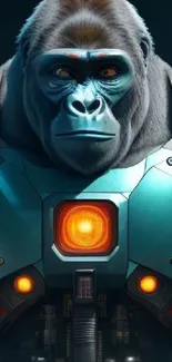 Futuristic robotic gorilla with glowing lights on its armor.