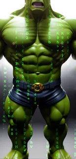 Futuristic green giant with digital data streams mobile wallpaper.