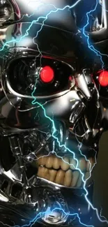 Futuristic robotic skull with red eyes and lightning bolts.