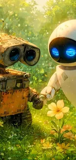 Two animated robots in a sunlit garden with flowers.