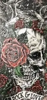 Rock and love skull wallpaper with roses and birds.