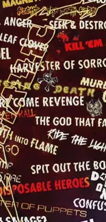 Collage of rock album and song titles in bold, vibrant colors on a dark background.