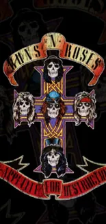 Crossed skulls design featuring iconic rock band members on a dark background.